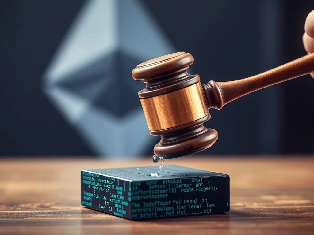 Gavel striking code, symbolizing the Tornado Cash trial's impact on developer liability and crypto regulation.