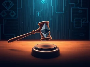 Depicts a courtroom scene with blockchain elements, symbolizing the Tornado Cash trial's impact on crypto privacy.