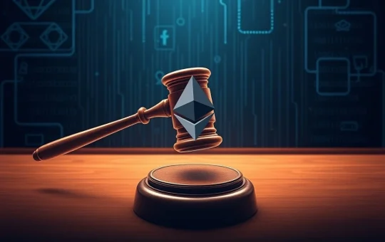 Depicts a courtroom scene with blockchain elements, symbolizing the Tornado Cash trial's impact on crypto privacy.