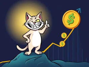 Troller Cat character confidently leading beginner investors towards significant crypto gains, leaving Pepe and Ponke behind.