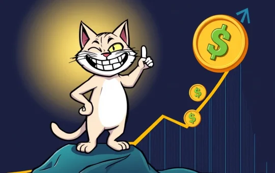 Troller Cat character confidently leading beginner investors towards significant crypto gains, leaving Pepe and Ponke behind.