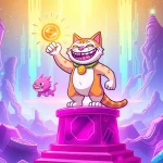 A triumphant Troller Cat character symbolizing the phenomenal growth and high crypto staking returns in the current meme coin market.
