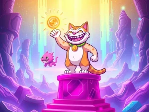 A triumphant Troller Cat character symbolizing the phenomenal growth and high crypto staking returns in the current meme coin market.