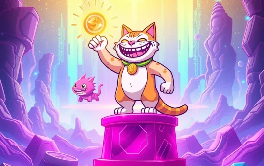 A triumphant Troller Cat character symbolizing the phenomenal growth and high crypto staking returns in the current meme coin market.