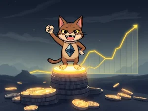 A vibrant image of the Troller Cat meme coin mascot, representing its explosive 1833% surge on the Ethereum blockchain due to its unique deflationary model.