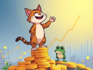 A triumphant Troller Cat meme coin character symbolizing its rapid growth and market dominance over Brett, highlighting its impressive ROI.