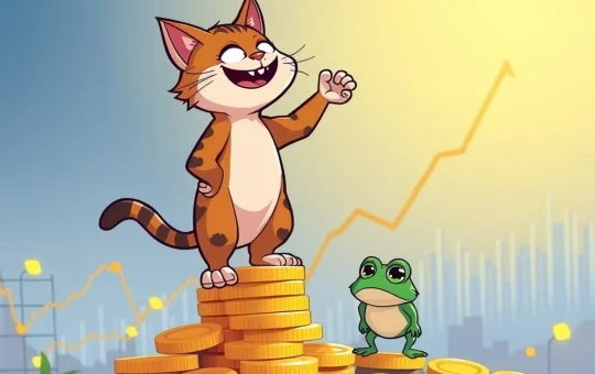 A triumphant Troller Cat meme coin character symbolizing its rapid growth and market dominance over Brett, highlighting its impressive ROI.