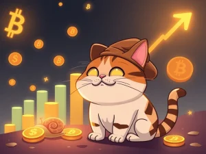 A triumphant Troller Cat character overseeing a surging crypto chart, symbolizing the massive ROI of the Troller Cat meme coin presale and its rise in the market.