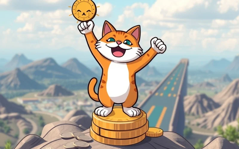 Troller Cat Meme Coin character triumphantly overseeing its explosive presale gains and innovative gamified roadmap.