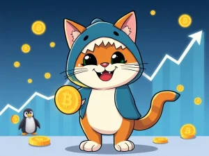 Troller Cat, a dynamic meme coin, soaring like a rocket, representing its explosive crypto presale surge and potential to rival Pudgy Penguins.