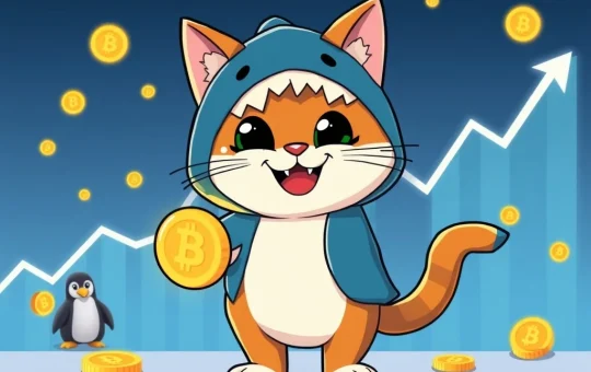 Troller Cat, a dynamic meme coin, soaring like a rocket, representing its explosive crypto presale surge and potential to rival Pudgy Penguins.