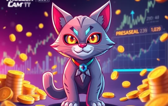 Troller Cat character symbolizes its presale success, surrounded by charts indicating high ROI and growth in the crypto market.