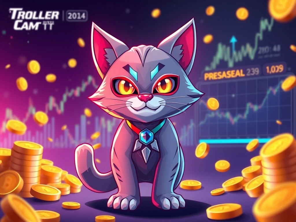 Troller Cat character symbolizes its presale success, surrounded by charts indicating high ROI and growth in the crypto market.
