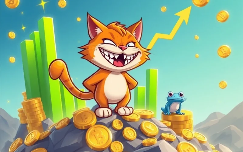 A vibrant image depicting Troller Cat's explosive presale success, symbolizing its high ROI and market dominance over fading competitors like Brett.