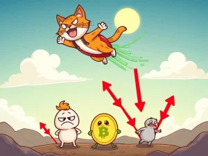 Troller Cat soaring above a volatile meme coin market, symbolizing its impressive ROI and structured growth amidst Fartcoin's decline.