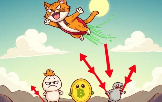 Troller Cat soaring above a volatile meme coin market, symbolizing its impressive ROI and structured growth amidst Fartcoin's decline.