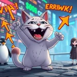 Troller Cat character triumphantly rising, symbolizing its surge in the meme coin market, while other tokens decline.