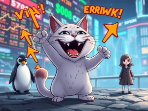 Troller Cat character triumphantly rising, symbolizing its surge in the meme coin market, while other tokens decline.