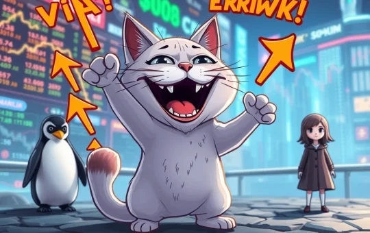 Troller Cat character triumphantly rising, symbolizing its surge in the meme coin market, while other tokens decline.