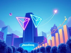 TRON's logo and digital assets rising above a stock market ticker, symbolizing its climb in crypto rankings due to the Nasdaq listing and strategic fee cuts.