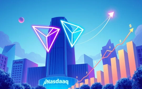 TRON's logo and digital assets rising above a stock market ticker, symbolizing its climb in crypto rankings due to the Nasdaq listing and strategic fee cuts.