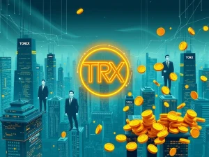 Depiction of Tron ETF potential, showing institutional crypto capital flowing into TRX staking rewards for future crypto growth.