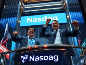 Justin Sun and Rich Miller ringing the Nasdaq bell, symbolizing Tron Inc.'s monumental Nasdaq listing and blockchain integration.