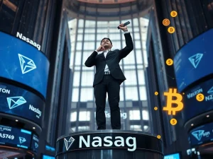Justin Sun, Tron's founder, ringing the Nasdaq Bell, symbolizing the ambitious push for blockchain integration into mainstream finance.