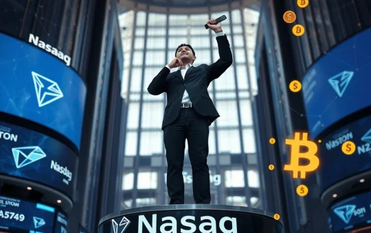Justin Sun, Tron's founder, ringing the Nasdaq Bell, symbolizing the ambitious push for blockchain integration into mainstream finance.