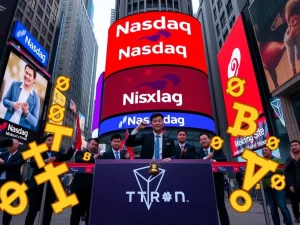 Justin Sun and the TRON Inc. team celebrate TRON Nasdaq debut by ringing the Nasdaq opening bell, symbolizing crypto's integration into traditional finance.