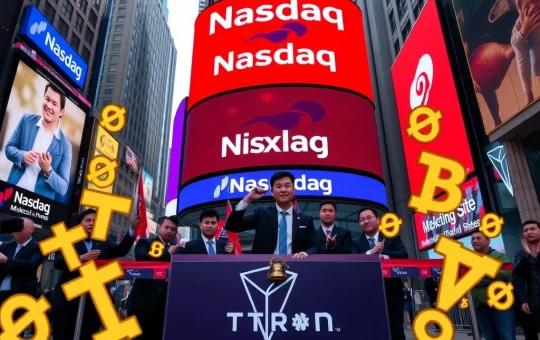 Justin Sun and the TRON Inc. team celebrate TRON Nasdaq debut by ringing the Nasdaq opening bell, symbolizing crypto's integration into traditional finance.