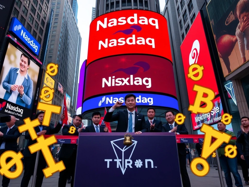 Justin Sun and the TRON Inc. team celebrate TRON Nasdaq debut by ringing the Nasdaq opening bell, symbolizing crypto's integration into traditional finance.