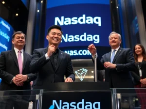 Justin Sun, founder of Tron, ringing the Nasdaq bell, symbolizing Tron's strategic push for institutional credibility and mainstream finance integration.
