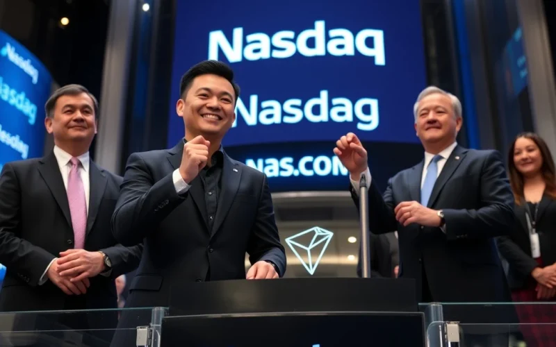 Justin Sun, founder of Tron, ringing the Nasdaq bell, symbolizing Tron's strategic push for institutional credibility and mainstream finance integration.