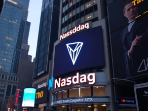 The Nasdaq MarketSite building lit up with the Tron logo, signaling Tron's Nasdaq Listing and blockchain public debut.