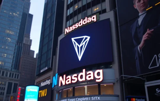 The Nasdaq MarketSite building lit up with the Tron logo, signaling Tron's Nasdaq Listing and blockchain public debut.