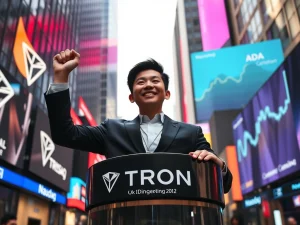 Justin Sun celebrates TRON's Nasdaq listing, symbolizing TRON's impressive market cap growth over Cardano.