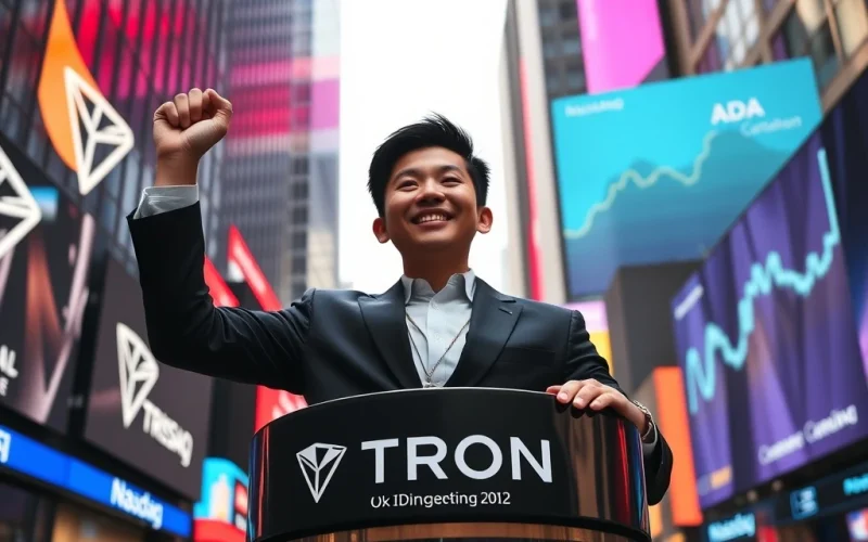 Justin Sun celebrates TRON's Nasdaq listing, symbolizing TRON's impressive market cap growth over Cardano.