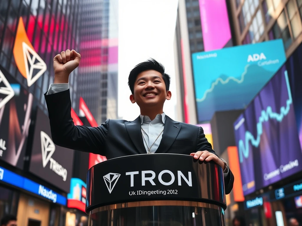 Justin Sun celebrates TRON's Nasdaq listing, symbolizing TRON's impressive market cap growth over Cardano.