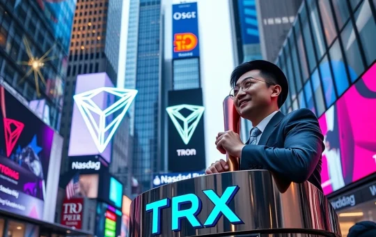 Tron founder Justin Sun celebrates the historic Tron Nasdaq listing, symbolizing blockchain's integration into traditional finance.