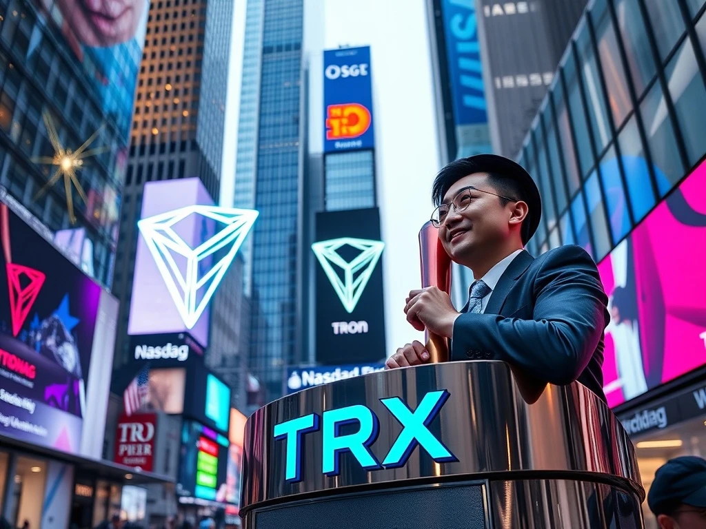 Tron founder Justin Sun celebrates the historic Tron Nasdaq listing, symbolizing blockchain's integration into traditional finance.