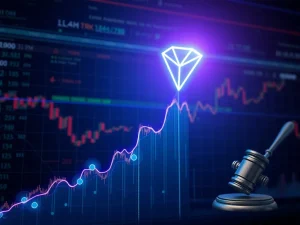 A visual representation of Tron Price surging due to DeFi momentum, contrasted with the diverse performance of other crypto stocks.