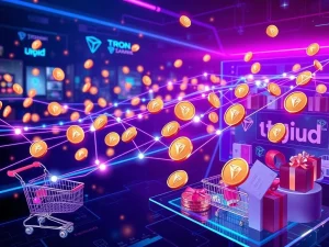 TRON stablecoin transactions swiftly processing on a digital shopping platform, symbolizing its market dominance on Uquid due to efficiency.