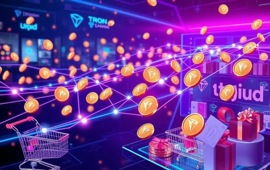 TRON stablecoin transactions swiftly processing on a digital shopping platform, symbolizing its market dominance on Uquid due to efficiency.
