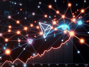 Tron's blockchain network efficiently processing high volumes of USDT transactions, symbolizing its growing dominance in the stablecoin market, impacting TRX price.