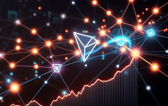 Tron's blockchain network efficiently processing high volumes of USDT transactions, symbolizing its growing dominance in the stablecoin market, impacting TRX price.