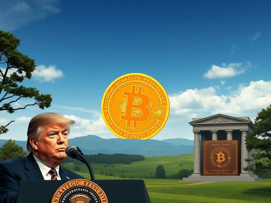 President Trump at a press conference, emphasizing the creation of a Strategic Bitcoin Reserve and new Trump Bitcoin policies.