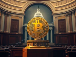 A visual representation of the US government's groundbreaking Strategic Bitcoin Reserve order, showing a Bitcoin symbol rising amidst a surging market chart.