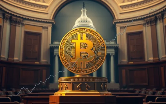A visual representation of the US government's groundbreaking Strategic Bitcoin Reserve order, showing a Bitcoin symbol rising amidst a surging market chart.