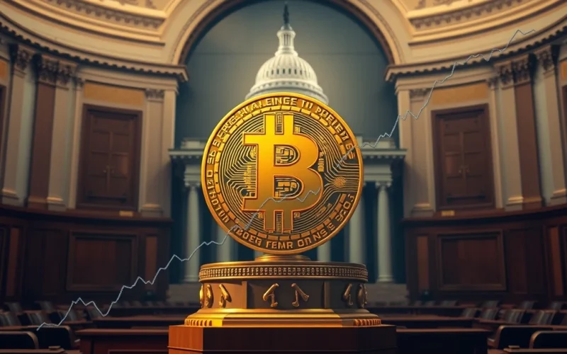 A visual representation of the US government's groundbreaking Strategic Bitcoin Reserve order, showing a Bitcoin symbol rising amidst a surging market chart.